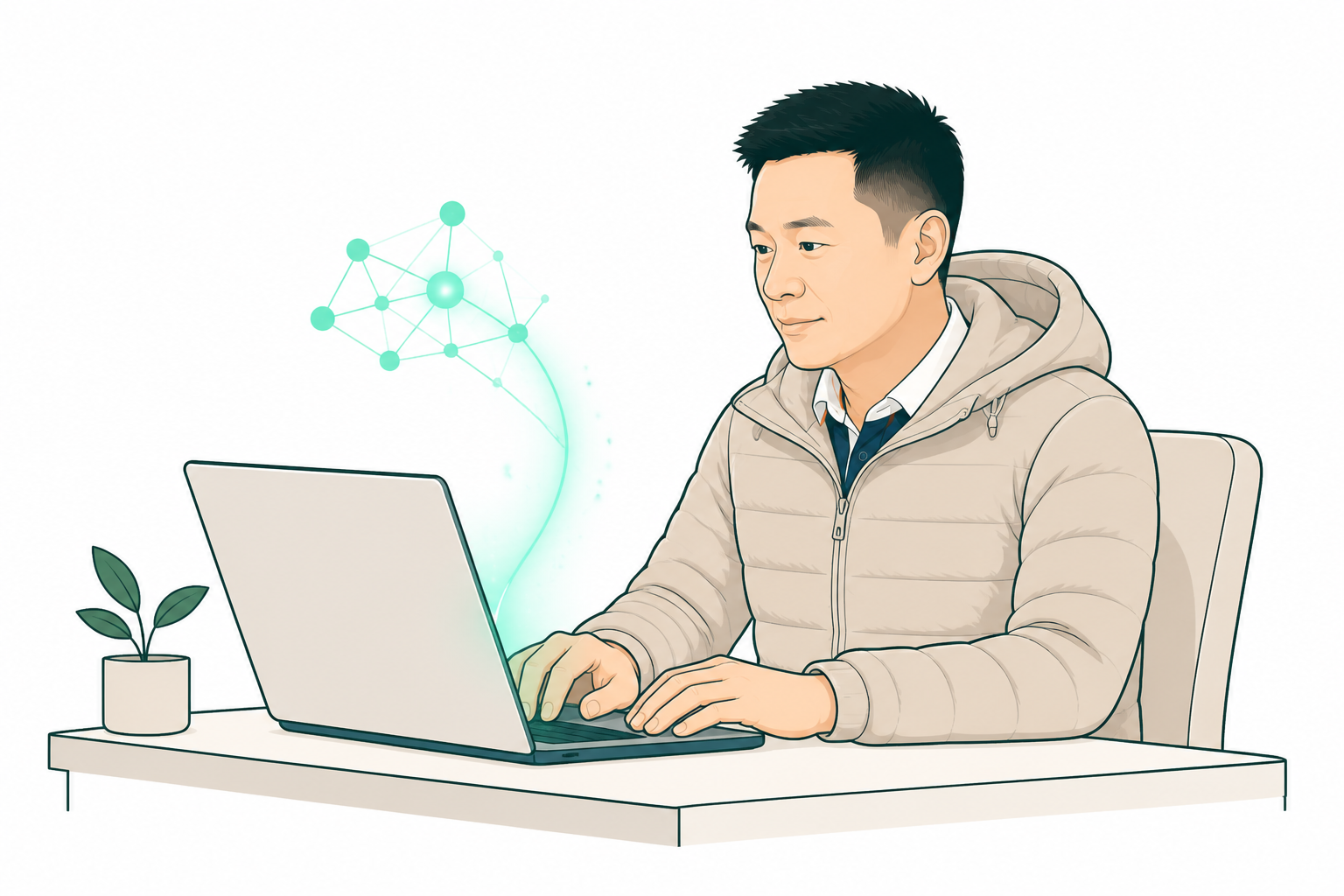 小波坐在桌前，用笔记本电脑学习 AI